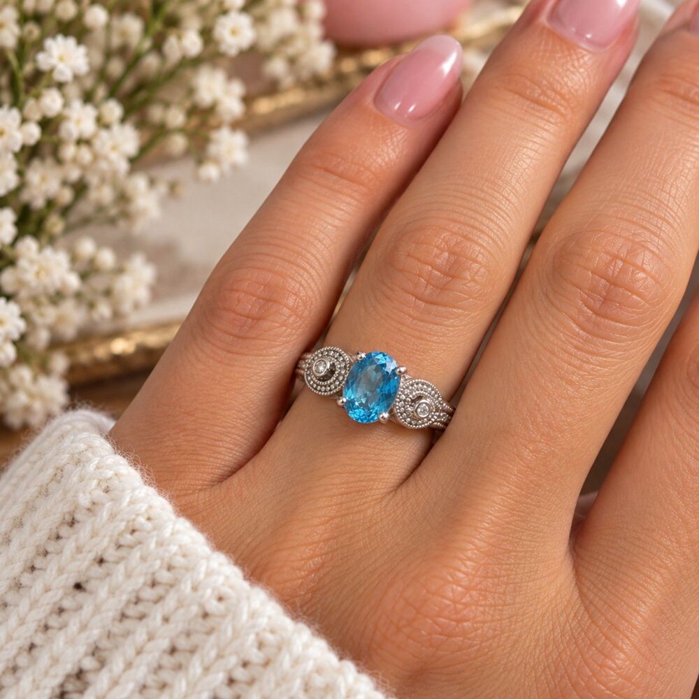 Silver Tone Blue Oval Crystal Ring Art Deco Filigree Scroll Statement Size 5.5